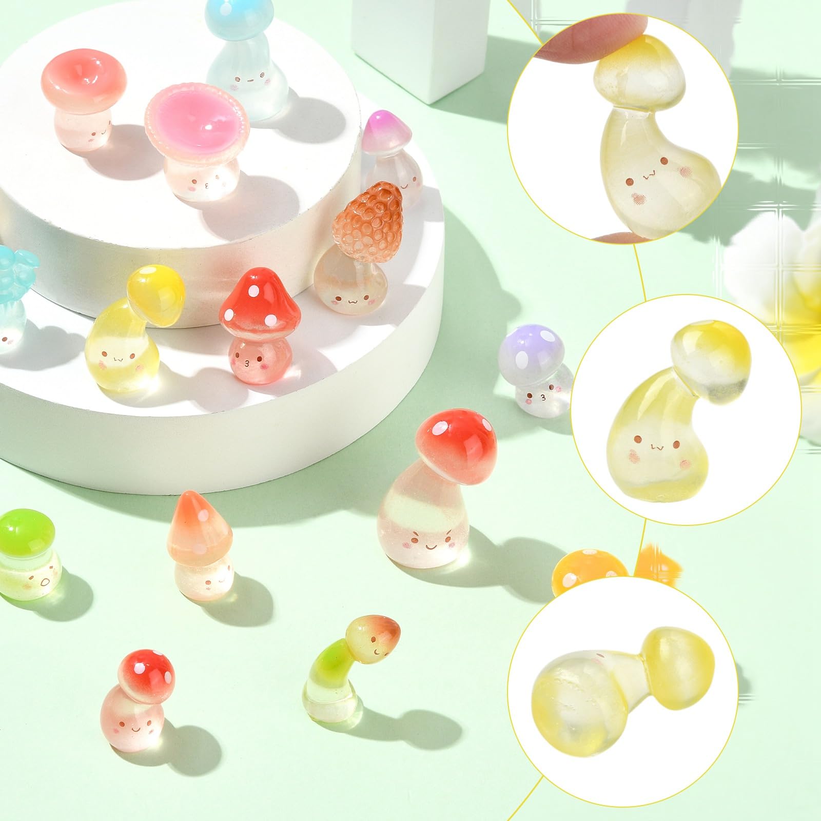 Stiesy 60 Pcs Glow in The Dark Cute Mushroom Decor Sets 15 Styles Luminous Resin Fungi Miniature Ornaments for Office Desk Night Light Garden Home Decor - Image 3