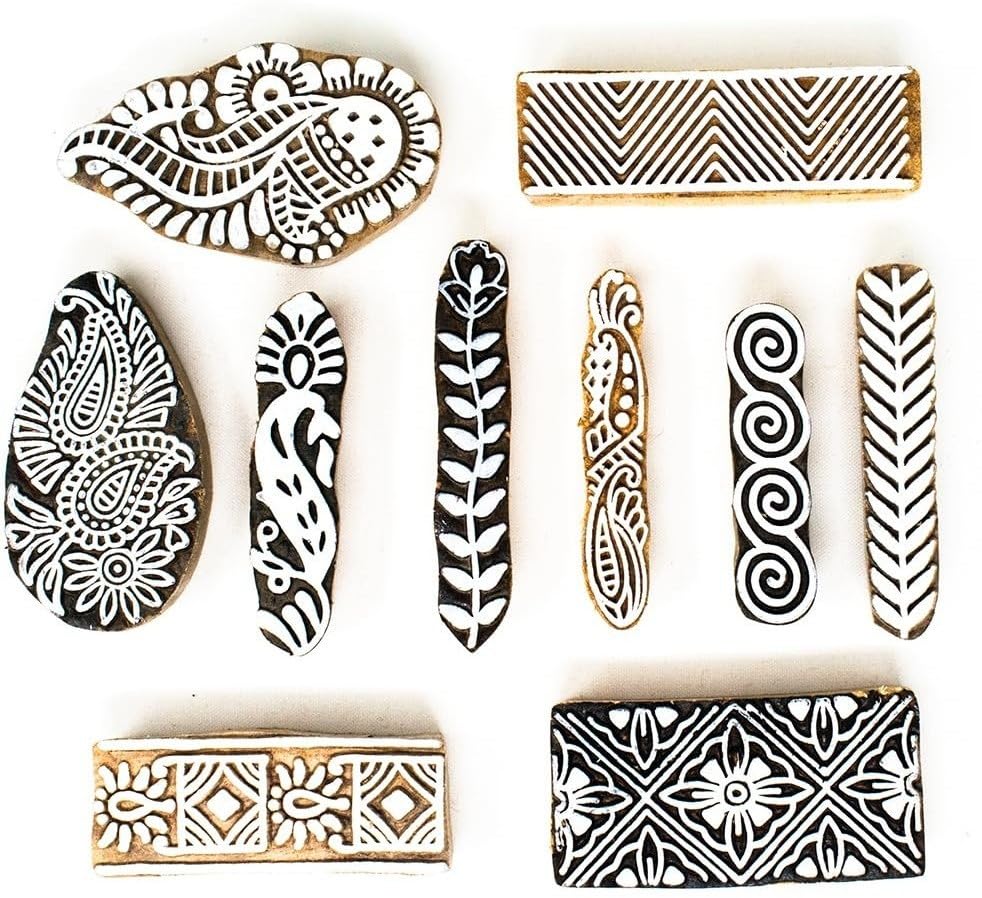 RENIQ Wooden Printing Blocks Set of 10 | Hand Carved Fabric & Henna Stamps for Saree, Dupatta, Paper, Scrapbooking, DIY Textile Printing & Decorative Projects-picture-13