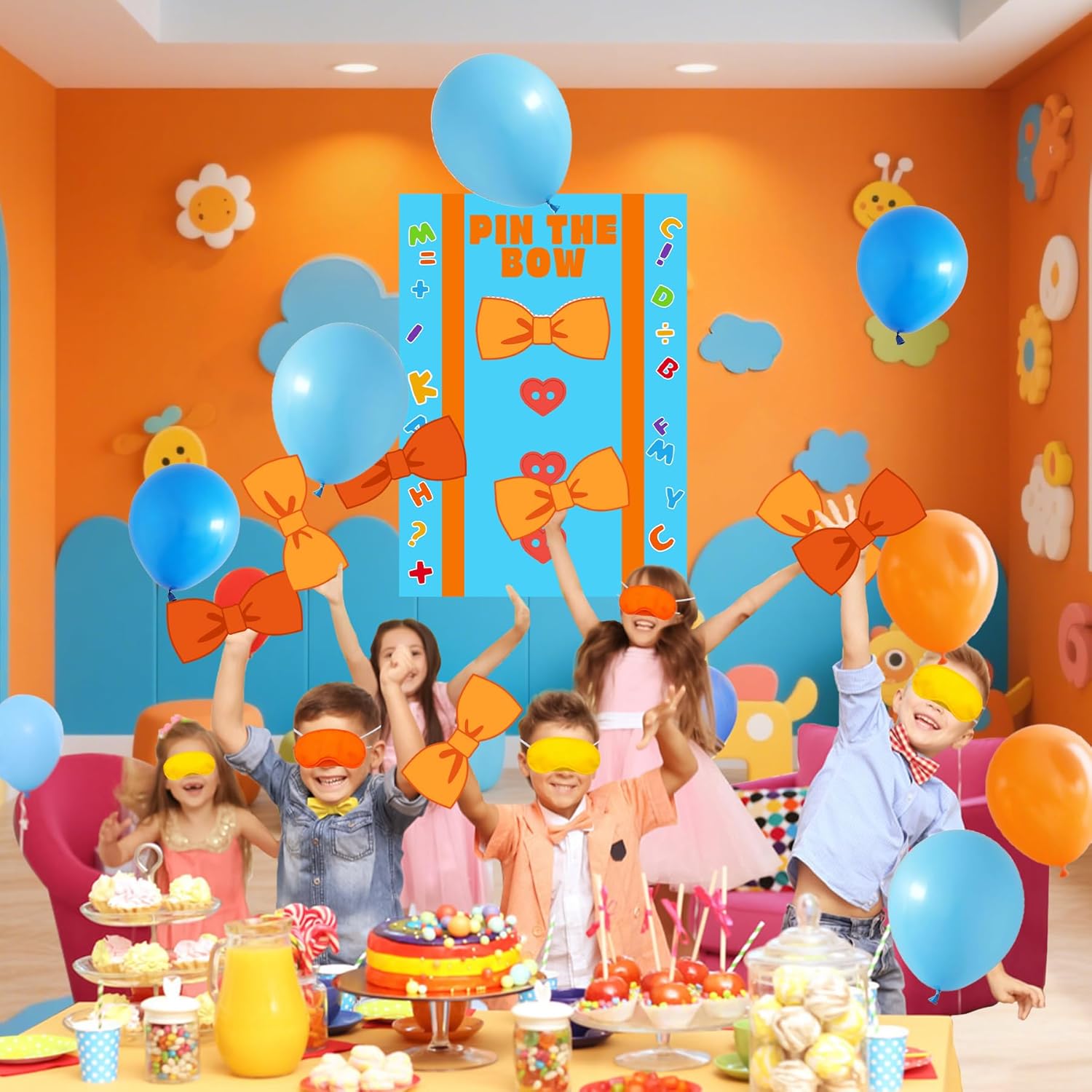 AFZMON English Teacher Birthday Party Decorations Pin The Bow Party Games, Orange Blue Poster with 24 Reusable Bow Stickers for Toddler Baby Shower Party Wall Decorations Supplies- 19.5Inch x27.5Inch