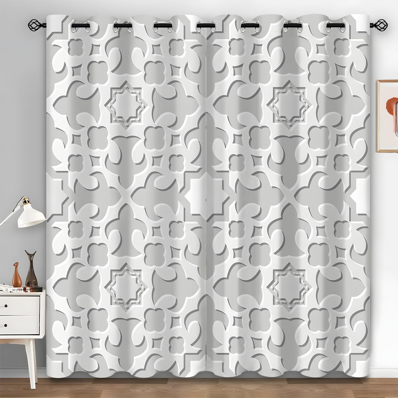 Lot Rideaux Motif Géométrique 140x175 Double Rideau Occultant Cuisine Gris