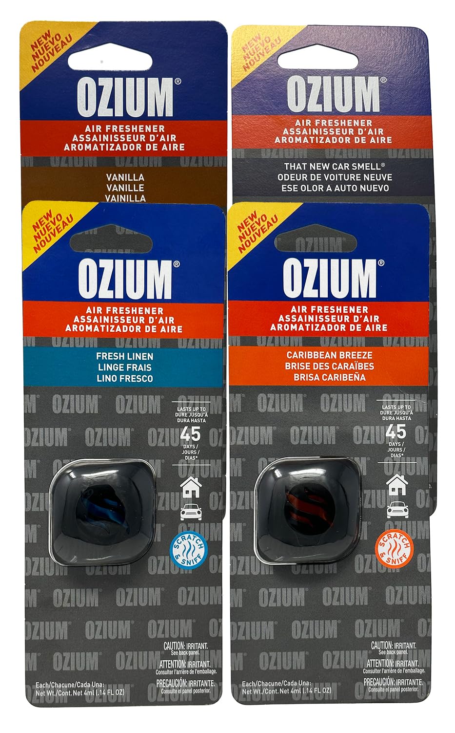 Ozium Membrane Car Vent Clip AC Air Fresheners Car Air Freshener and Car Odor Eliminator (Caribbean Breeze+Fresh Linen+New Car Smell+Vanilla, 4 Packs Combo Kit)