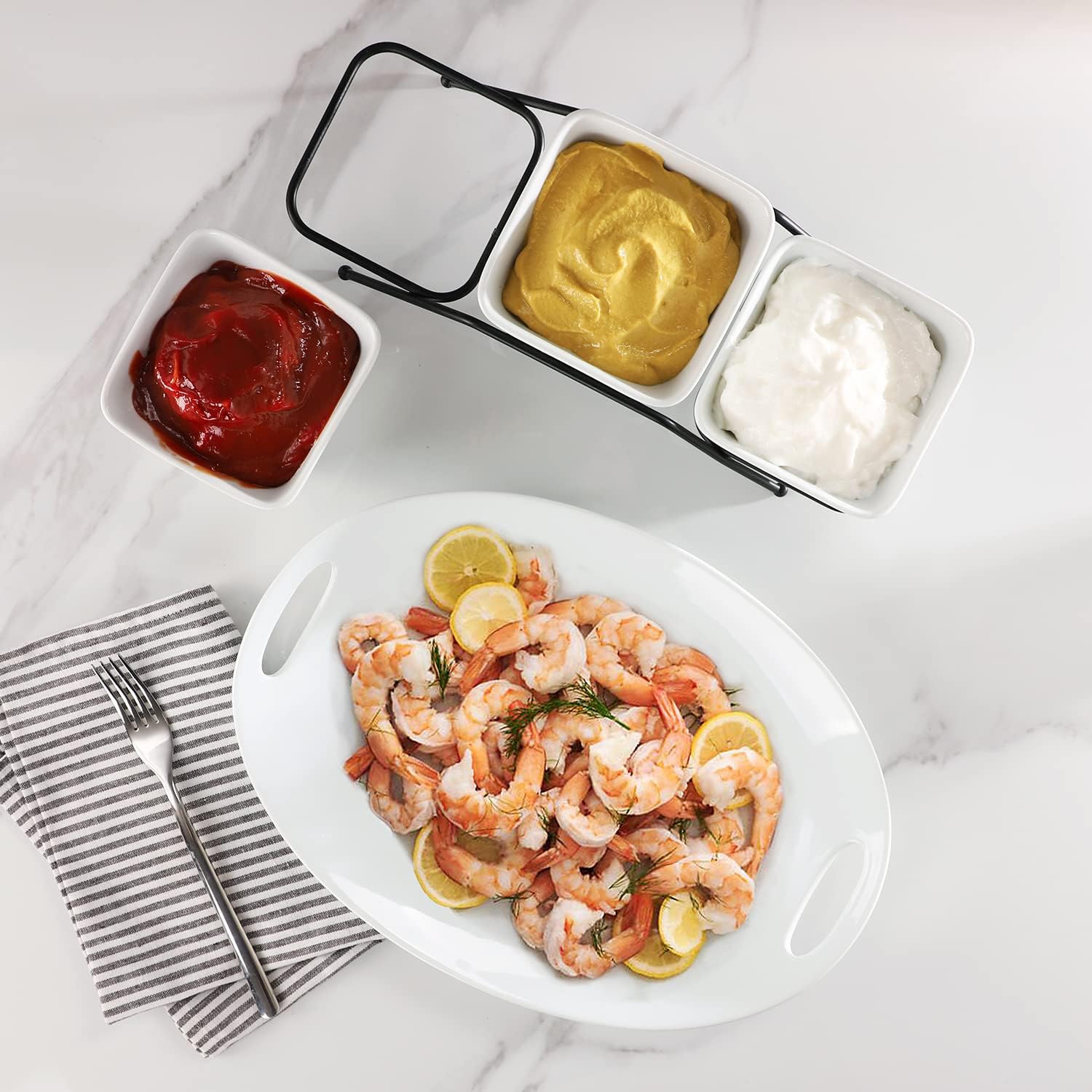  | Buyajuju 3 pcs square bowl Porcelain Chip & Dip Serving Set with Black Metal Stand, 4.5inch White Small Serving Bowls for Side Dishes, Salsa, Appetizer, Serving Dishes for Entertaining: Chip & Dip Sets