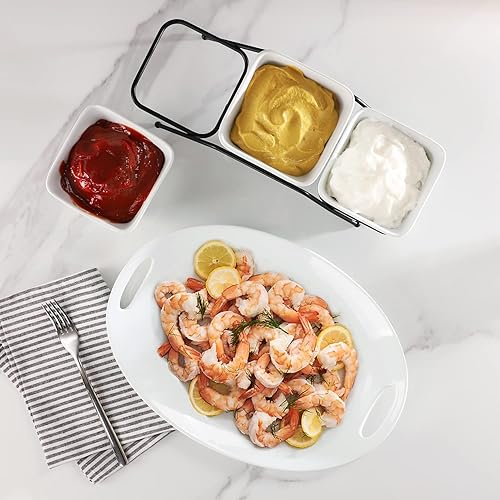 Miniatura 7 de Buyajuju 3 pcs square bowl Porcelain Chip & Dip Serving Set with Black Metal Stand, 4.5inch White Small Serving Bowls for Side Dishes, Salsa,