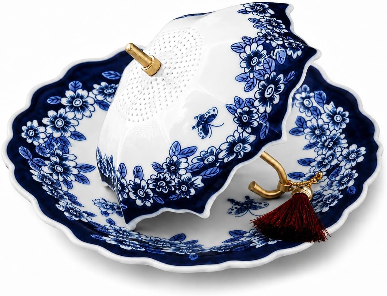 Ceramic Umbrella Tea Infuser Set, Blue and White Porcelain Loose Leaf Tea Strainer with Drip Tray, Kung Fu Tea Filter for Mug Teapot Office Home Tea Accessories