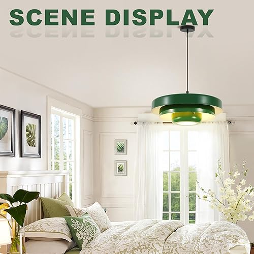 Miniatura 7 de Lámpara colgante verde de mediados de siglo, moderna lámpara colgante colgante de 3 capas de metal grande de granja, lámpara colgante de techo con