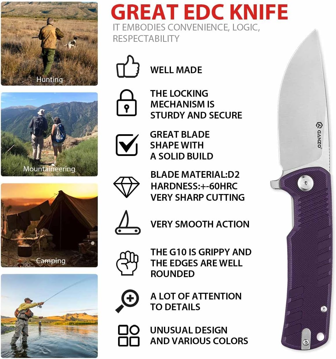 Firebird Ganzo G769-PL EDC Folding Pocket Knife Razor Sharp D2 Stainless Steel Blade G10 Handle with Clip Outdoor Pocket Knife Hunting Fishing Hiking Folder Best Gift for Men (Purple)