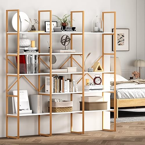 Miniatura 8 de Saudism Estantería dorada estantería geométrica de 71 pulgadas de alto estantes dorados de 5 niveles marco de hierro resistente estantería