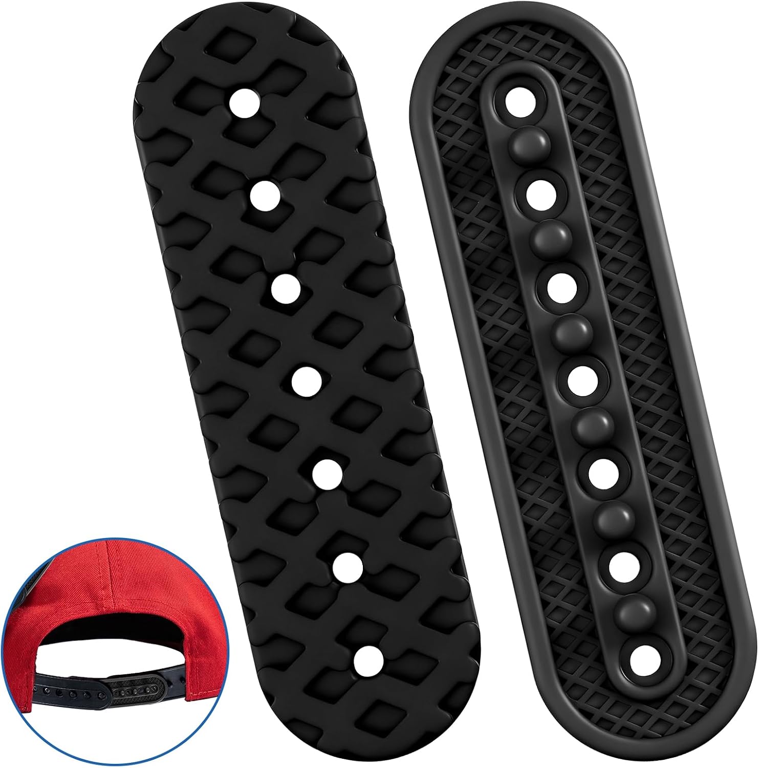 2 Pack Snapback Extender Hat Extender Hat Size Snapback Adjustable Hats Snap Buckle Fastener Silicone 7 Hole Cap Half Size Extenders for Baseball Caps Repairing Replacement Black
