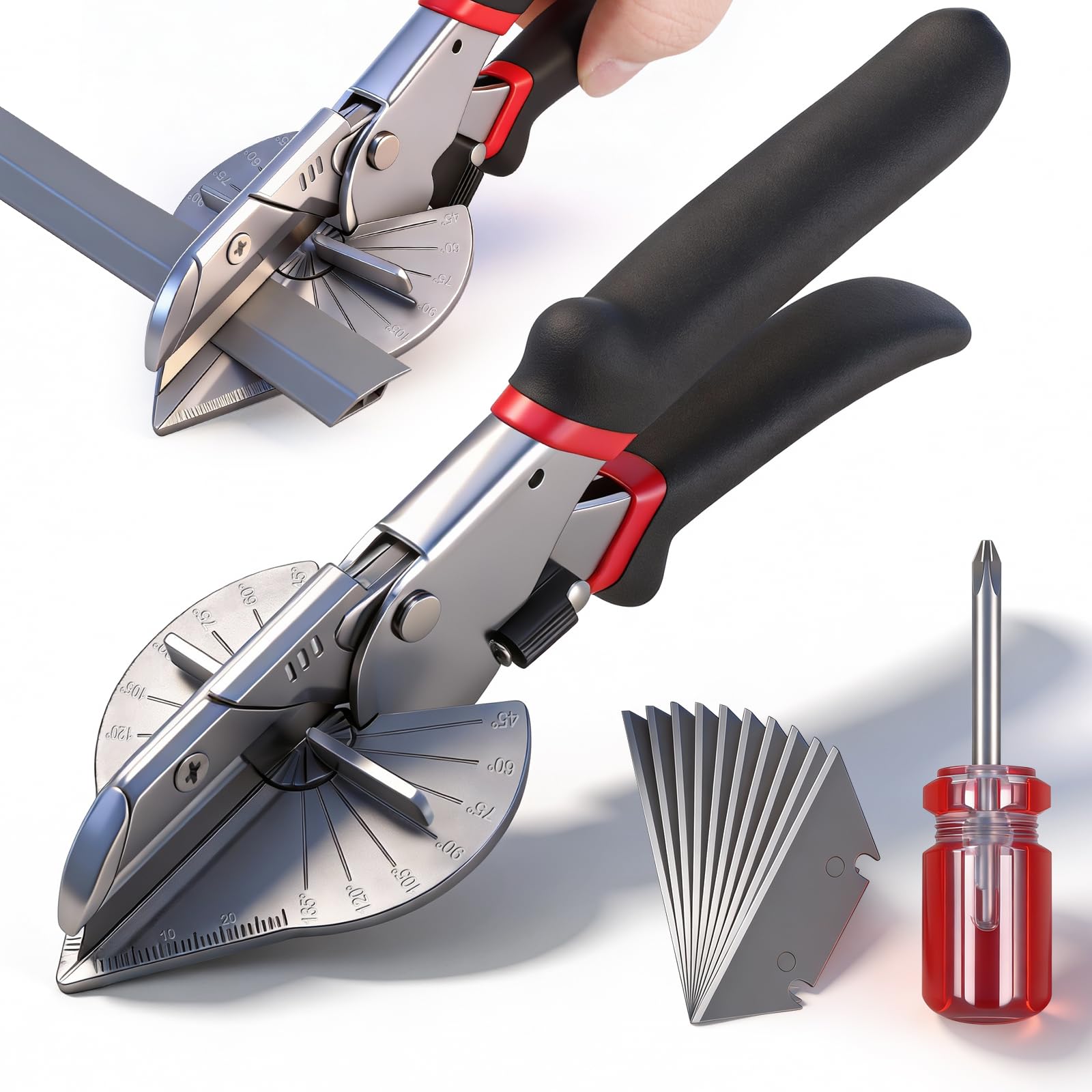 Mitre Shears, Beading Cutter with 10 PCS SK5 Steel Blade and Screwdriver, 45°-135° Angle Cutter with Safety Lock Buckle, Durable Trunking Cutters, Gasket Shear for Cutting Soft Wood, PVC, Plastic