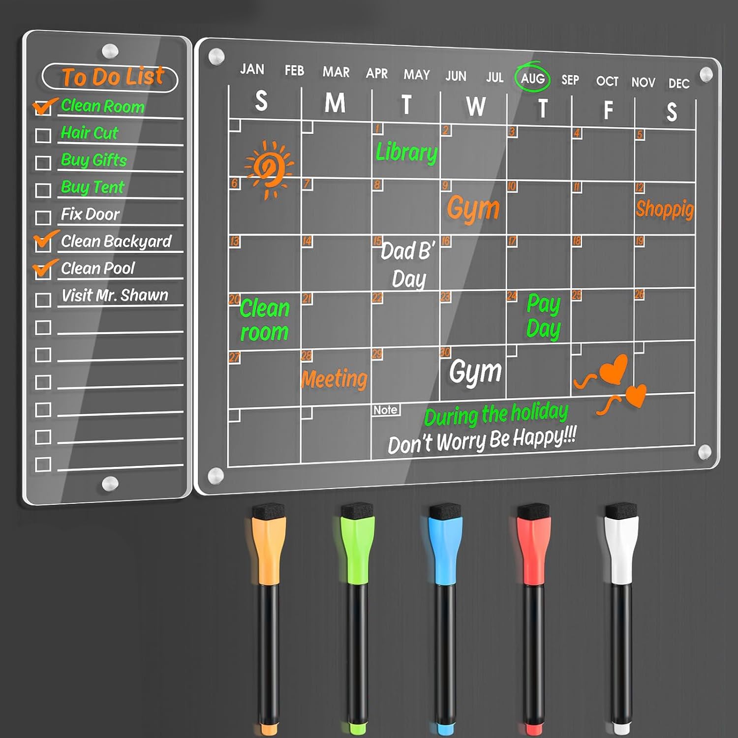 AquaFalcon Magnetic Monthly and to DO List for Fridge, Magnetic Acrylic Calendar w/5 Dry Erase Markers, Reusable Clear Fridge Calendar, Dry Erase to Do List for Meal/Cleaning/Shopping (16"x12"+4"x12")