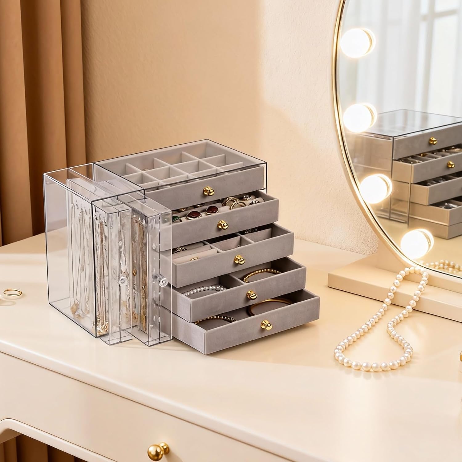 Greenfeather Jewelry Organizer with 7 Removable Drawers, Clear Acrylic Jewelry Box with 16 Necklace Hooks, 48 Pairs of Earring Holes, 5 Velvet-Lined Drawers for Rings, Bracelets, Necklaces,Gray