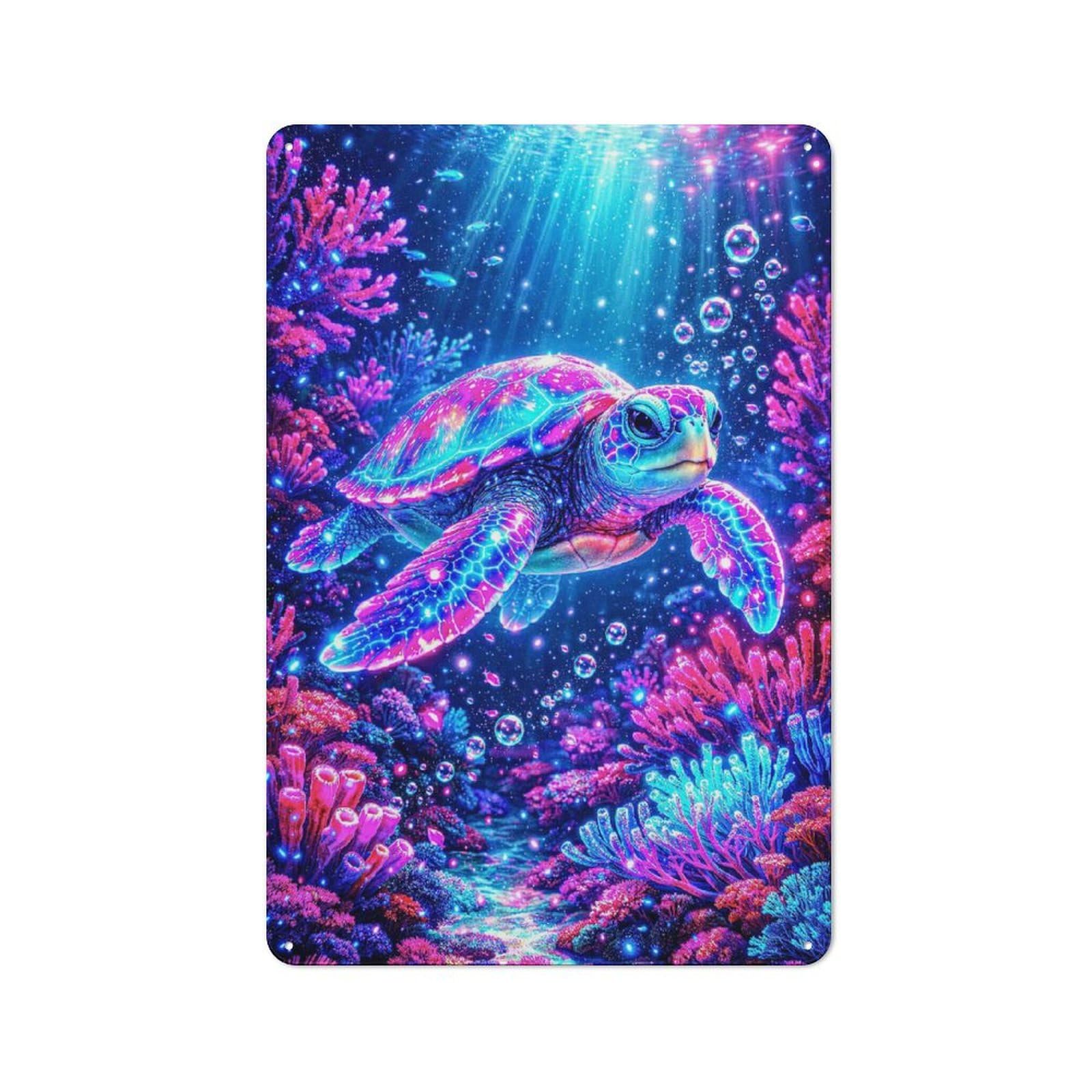 Game Room Neon Turtle Underwater Coral Reef Tin Wall Sign, Wall Decor for Office, Study, Game Room Or Hobby Space, 30x20cm