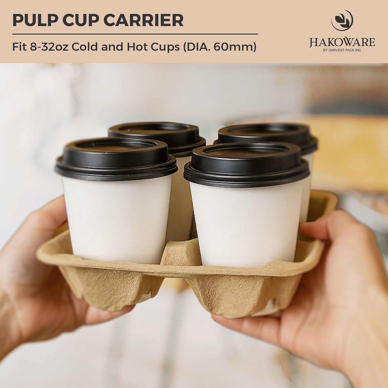 [25 Count] HAKOWARE 8-32oz 4 Cup Disposable Drink Carrier Trays, Compostable Pulp Fiber Drink Holder for Takeout Drinks, 10% Extra Strength Heavy Duty Kraft to Go Coffee Cup Holders for Delivery