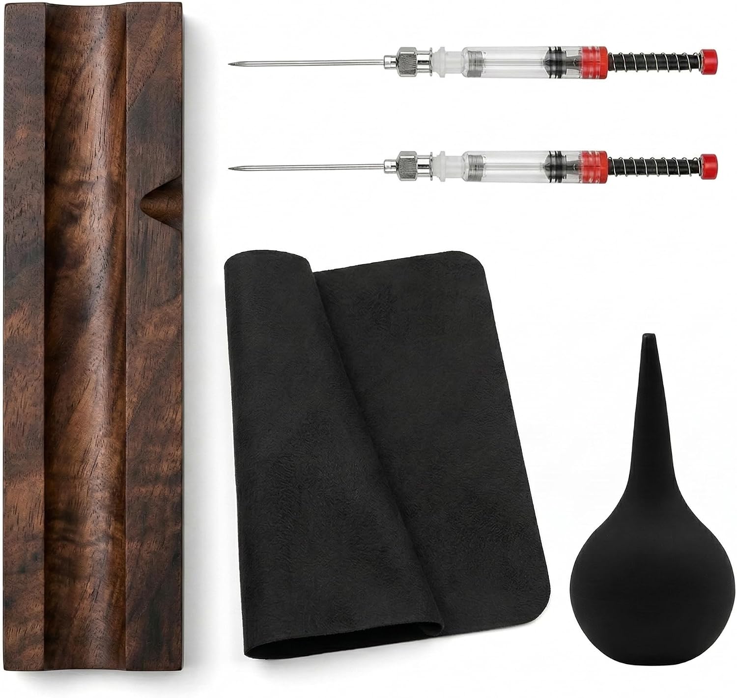 Fountain Pen Cleaning Kit with Black Walnut Pen Rest, 2 Ink Filling Tools, Premium Cleaning Cloth and Rubber Cleaning Bulb, Fountain Pen Maintenance Set for Flushing, Filling and Daily Pen Care