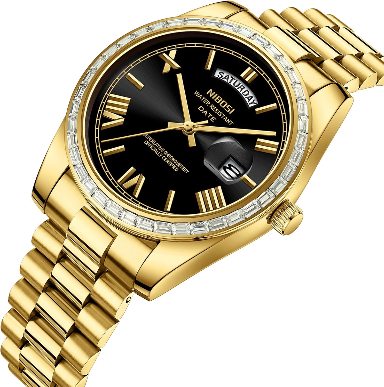 NIBOSI Men's Watches Analog Quartz Diamond Bezel Stainless Steel Dial Rose Gold Silver Watches for Men Waterproof Business Classic Dress Wrist Watch with Day Date - Image 2