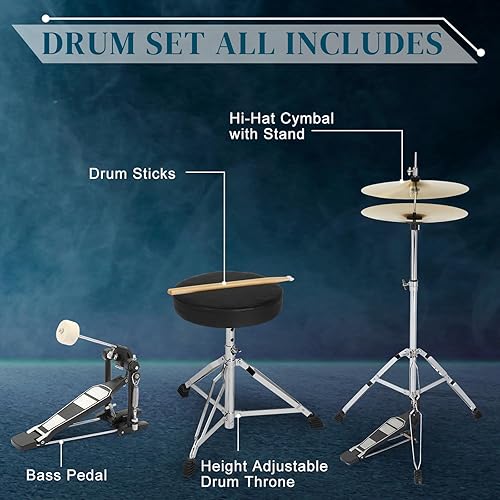 Vista 30 de Ktaxon Juego de batería para adultos de 22 pulgadas, kit de 5 piezas de tamaño completo con soportes de platillo, soporte de sombrero, palos, pedal