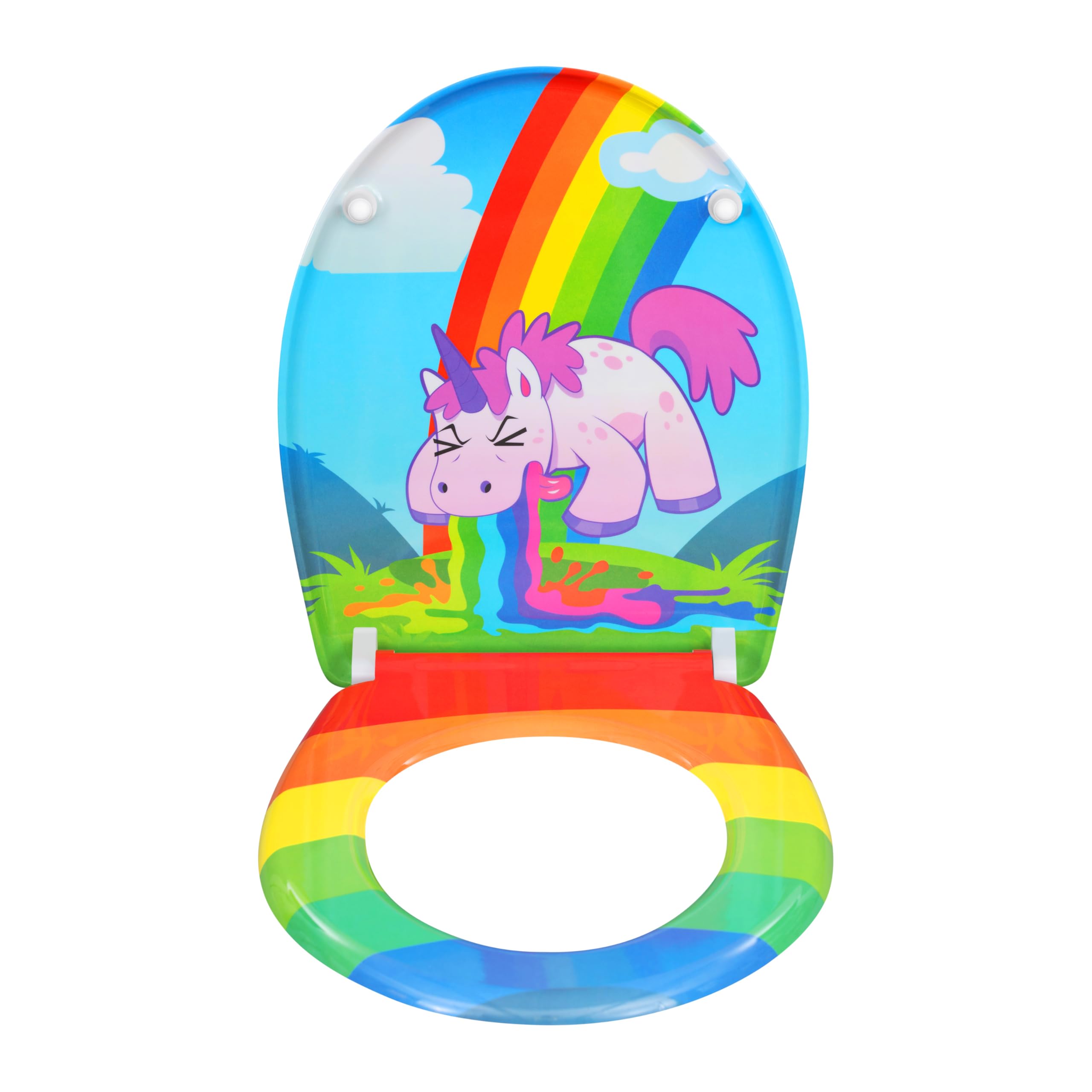 eSituro Toilettendeckel, WC Sitz mit Absenkautomatik, Klodeckel mit Schnellverschluss, 360° verstellbaren Scharnieren, Klobrille aus Duroplast, Regenbogen- und Einhorndruck
