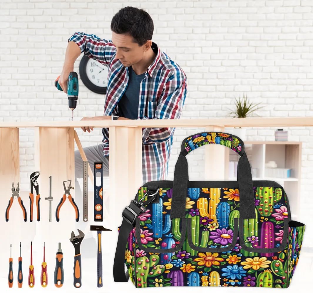 Colorful Cactus Tool Bag for Men Tool Bag with 6 Pockets Tool Case Waterproof Adjustable Shoulder Strap Worker Tool Box Organizer