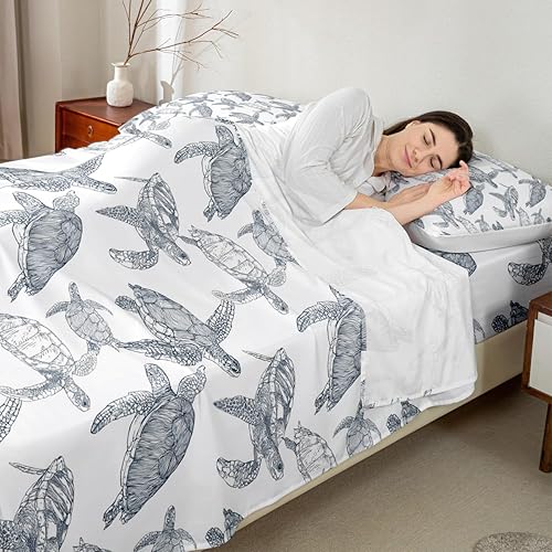 Miniatura 3 de Erosebridal Juego de sábanas de tortuga tamaño Queen, juego de sábanas de tortuga marina, 4 piezas, sábanas planassuperiores de reptil + sábanas