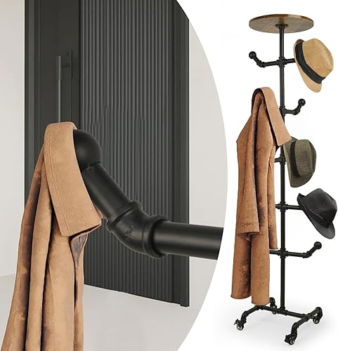 Miniatura 7 de uyoyous Estante de metal rústico para sombreros, soporte de exhibición independiente para sombreros con ruedas, organizador industrial para