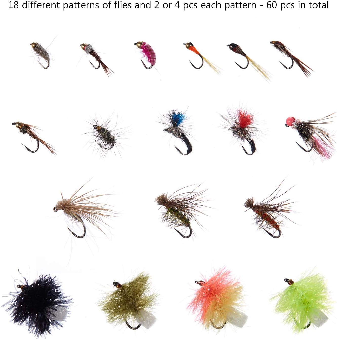 BASSDASH 60pcs Barbless Fly Fishing Flies Kit with Waterproof Fly Box for Trout Grayling Fishing Include Nymphs, Dry Flies