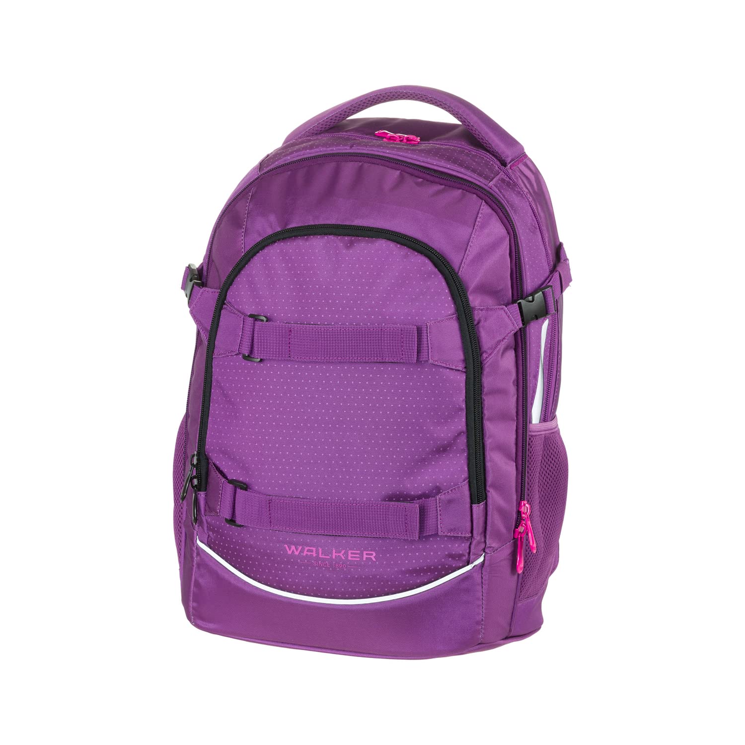 Walker Schulrucksack Fame 2.0 "Uni Plum" mit 2 Fächern, Vorderfach mit Organizer, Seitentaschen, Schultasche inkl. RückenPolsterung, verstellbarem Schulter und Brustgurt