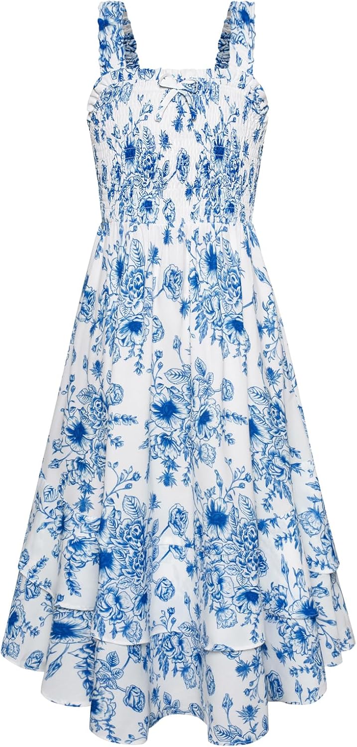 GRACE KARIN Girls Floral Maxi Dress Square Neck Wide Straps Smocked Summer Spring Flowy Dress 5-14Y