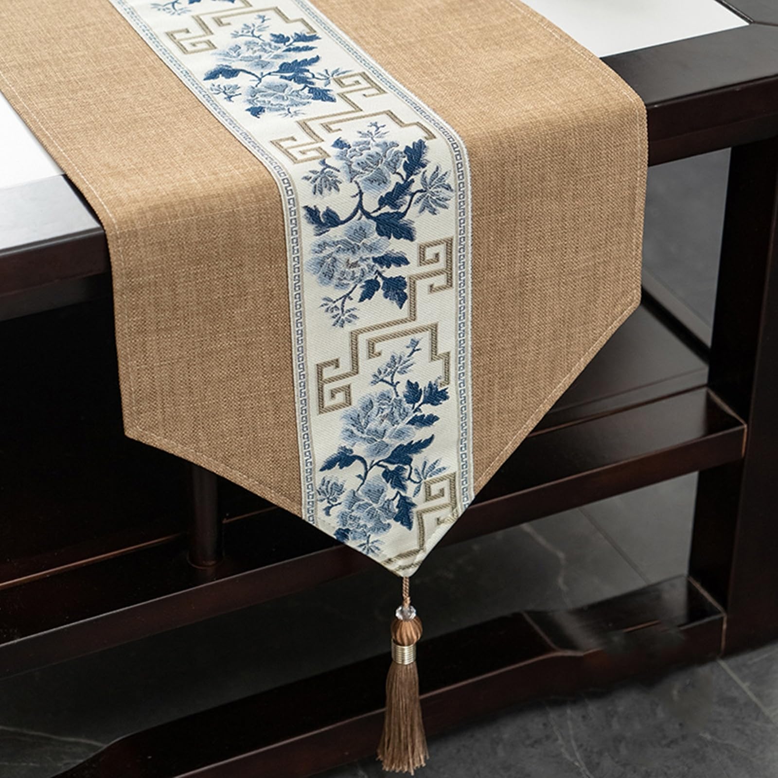 Tischläufer Modern Polyester, Tischläufer Hochzeit 33x240 cm, Orientalisch mit Quasten, Khaki