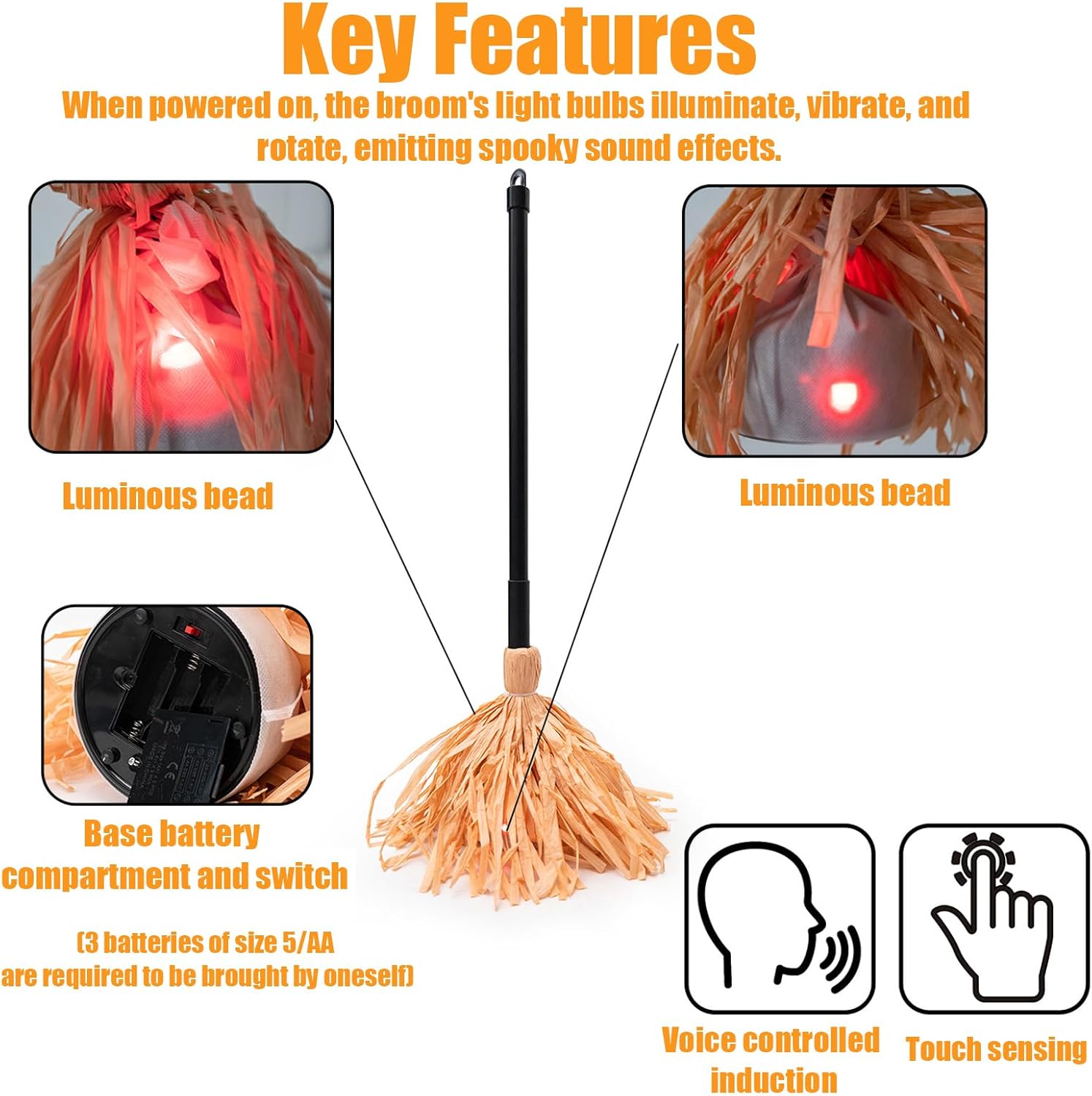 動くほうき ハロウィン | 動く魔女のほうき、照明付き電池式 不気味な装飾アクセサリー 屋内ポーチ、前庭、パーティーパーキング用