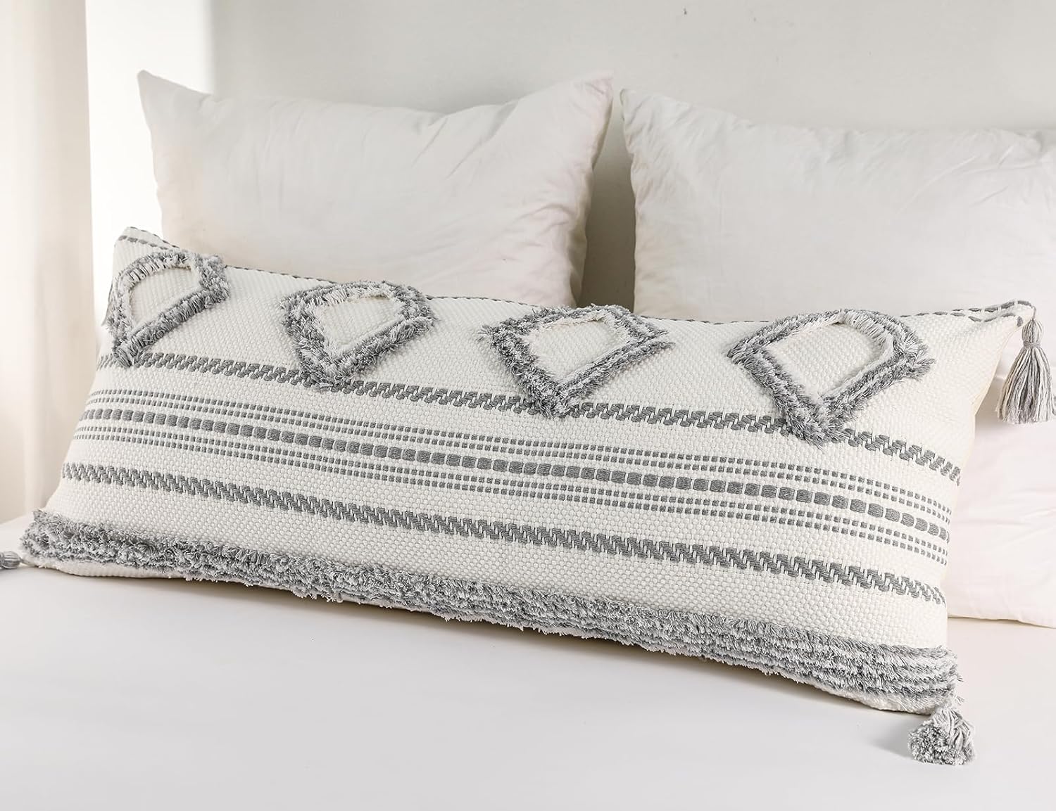 Grey and White Boho Long Lumbar Pillow Cover 16 x 36,Cotton Tufted Decorative Extra Long Lumbar Pillow Case Cover for Bed Sofa Couch Livingroom Farmhouse,Modern Accent