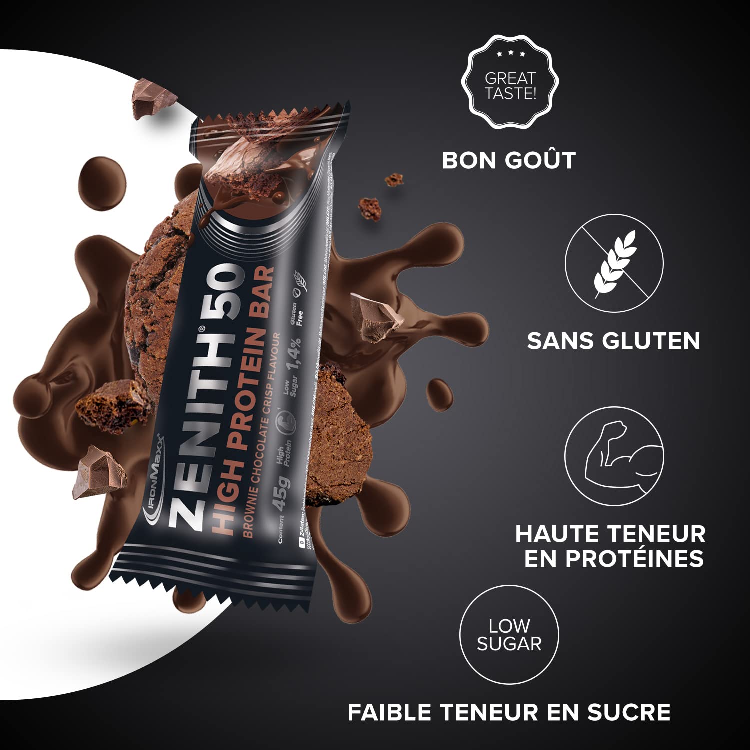 IronMaxx – Barre Protéinée Zenith 50 – Brownie Chocolat Crisp 16 x 45 g – Barre protéinée sans sucre, protein bar riche en protéines