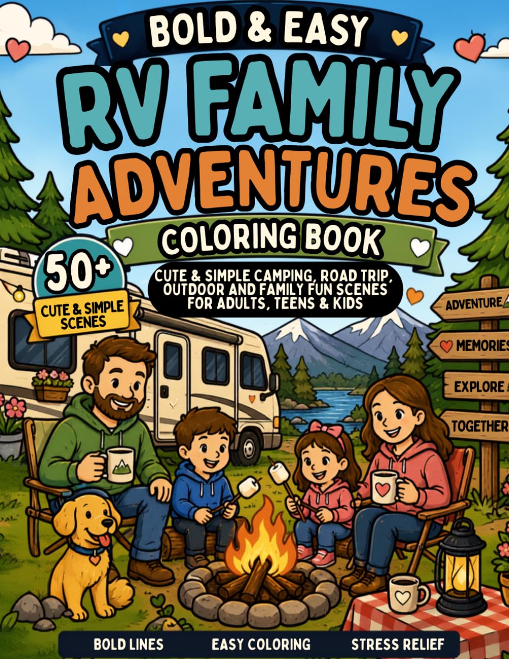 Bold & Easy RV Family Adventures Coloring Book: Cute and Simple Camping, RV Life, Campfire, Road Trip and Outdoor Family Scenes for Relaxation