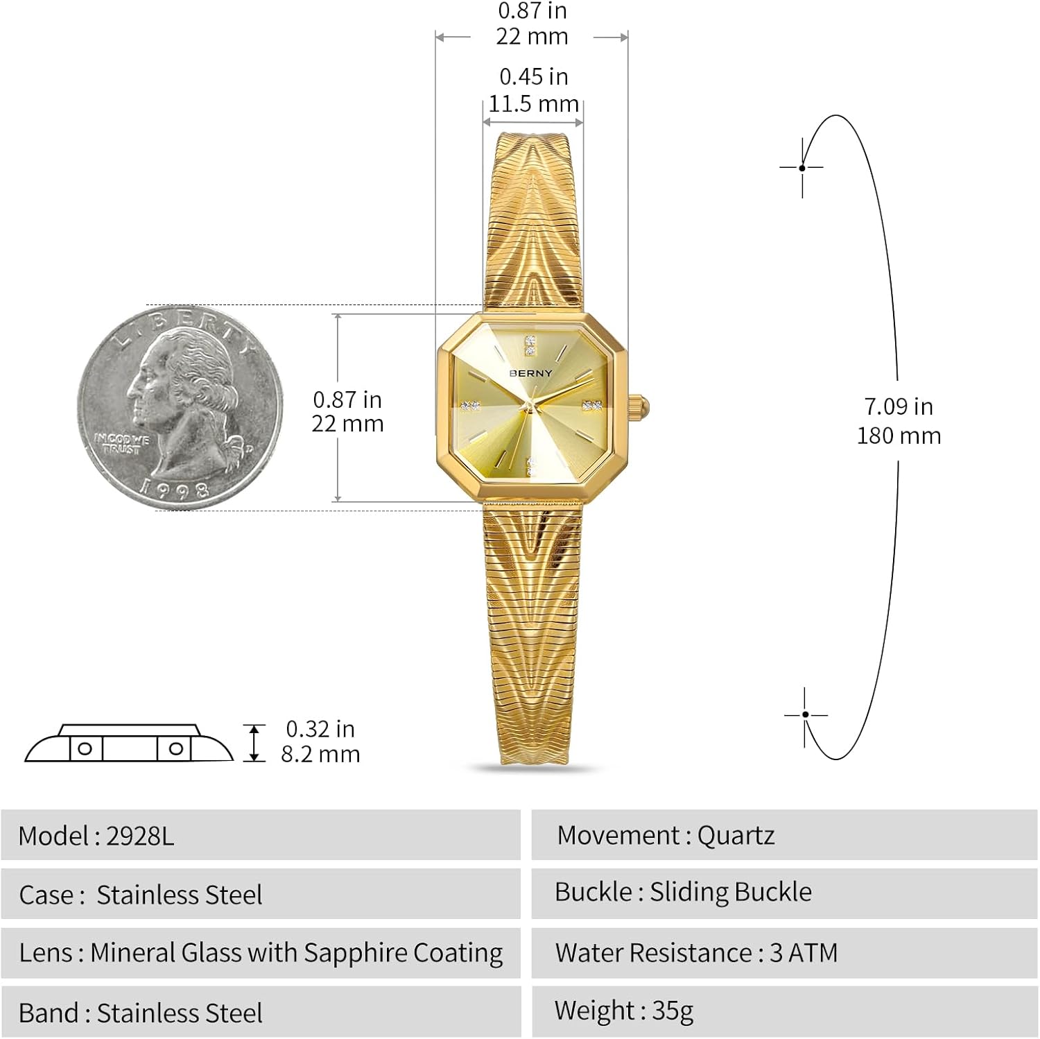 BERNY Vintage Gold Watches for Women, Octagonal Dainty Women's Wrist Watch, Ladies Analog Quartz Watches for Small Wrists, Waterproof All Stainless Steel Sunray Dial Luxury Birthday Present - Image 6