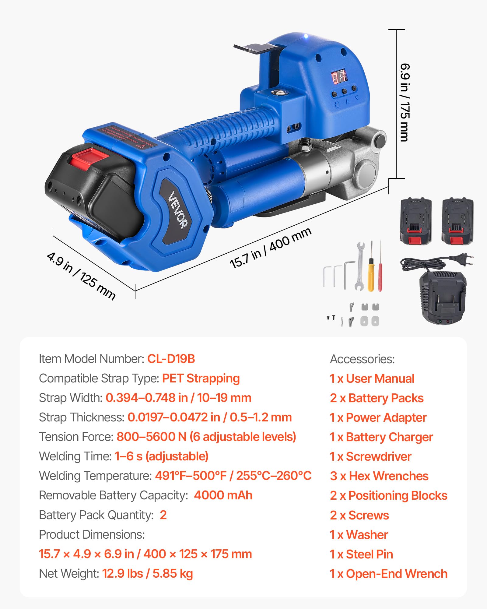 VEVOR Cercleuse électrique pour feuillards Pet de 10-19 mm, Outil de cerclage Portable avec Affichage numérique, avec 2 Batteries de 4000 mAh, Machine à cercler Auto pour palettes, boîtes d'emballage