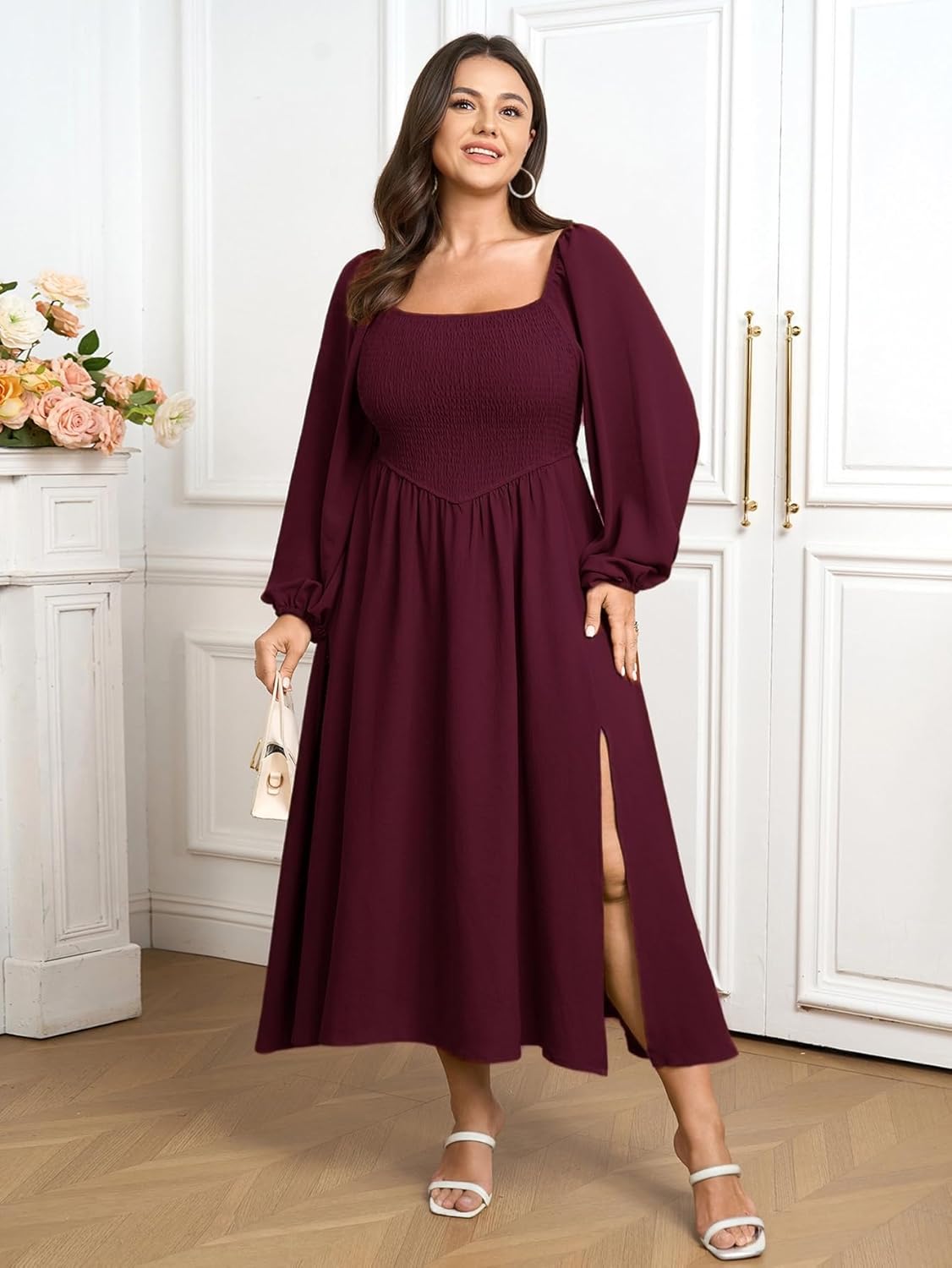 SCOMCHIC Women's Plus Size Fall Dresses Long Sleeve Square Neck Smocked Flowy A-Line Formal Wedding Guest Maxi Dress - Image 7