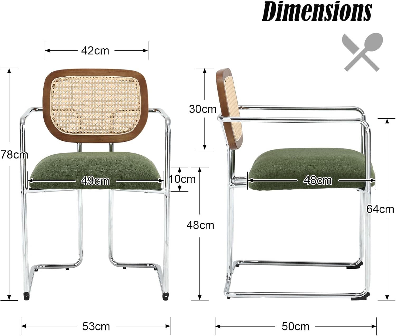 chairus Set of 2 Green Linen Dining Chairs with Rattan Back