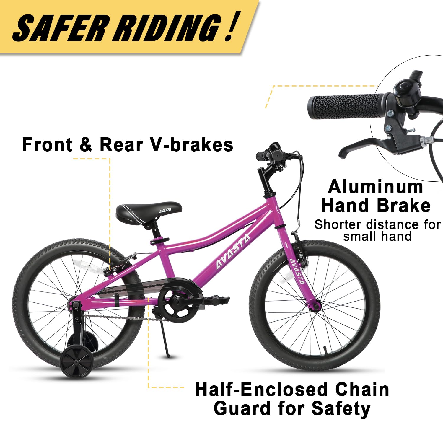 AVASTA Vélo Enfant 18 Pouces pour Enfants de 5, 6, 7 et 8 Ans, garçons et Filles, avec Deux Freins à Main, béquille et siège réglable, Rose