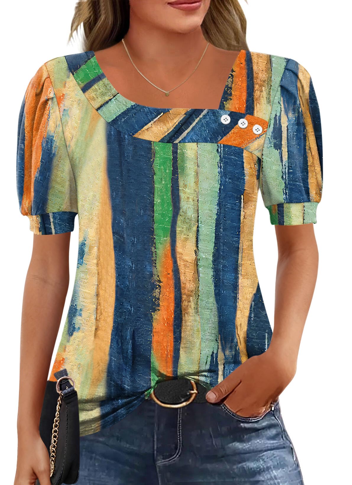 Rapbin Bluse Damen Kurzarm Oberteile Elegant Asymmetrischem Ausschnitt T-Shirt Sommer Button Blusenshirt Casual Top from S to XXL