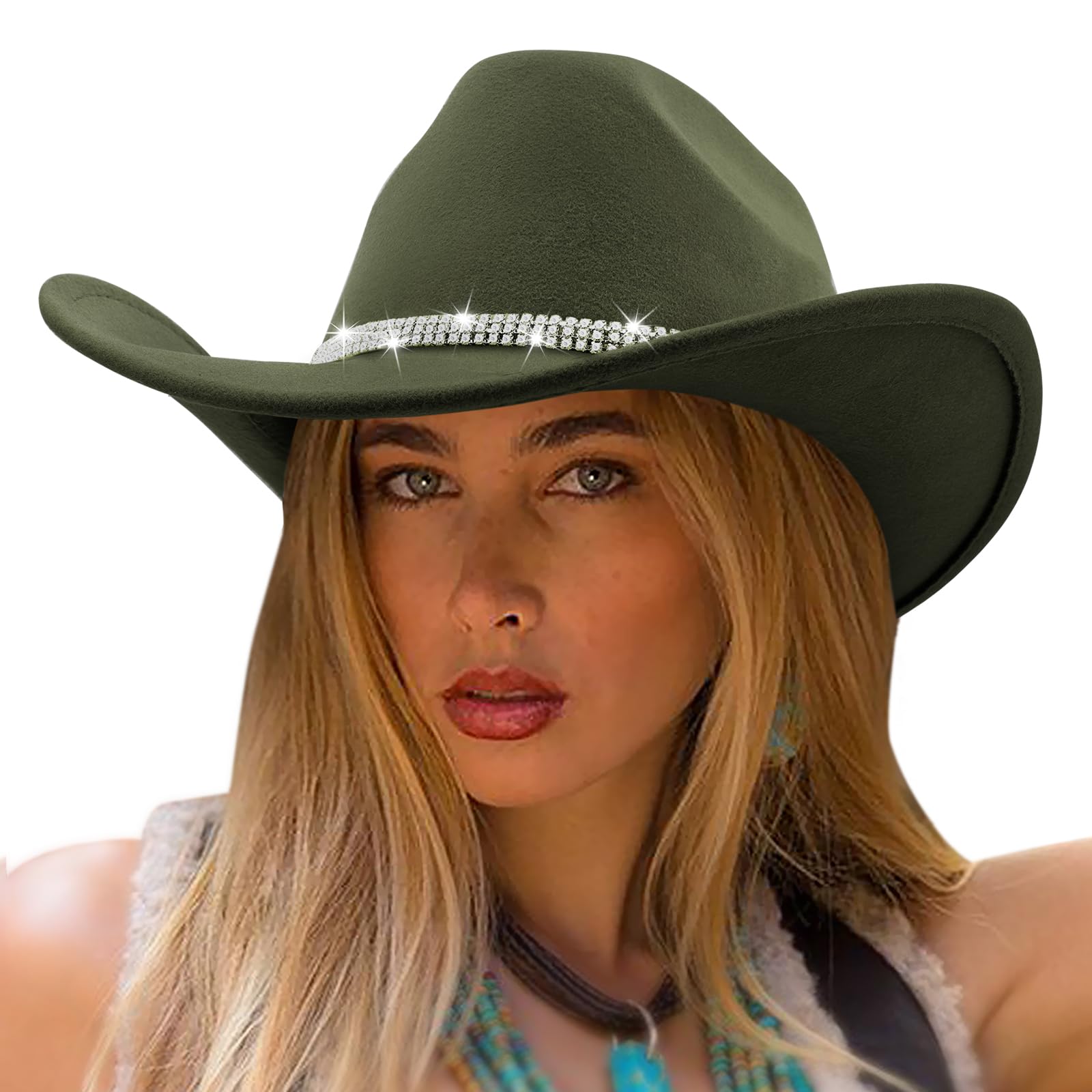 DRESHOW Cowboy Hat Women Western Felt Roll Up Cowgirl Hat Classic Bling Diamond Band Decoration Rodeo Fedora