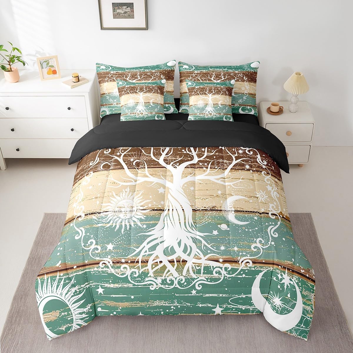 Sun and Moon Bed in a Bag Kids Teens Tree of Life Bedding Set, Rustic Farmhouse Queen Comforter Set 7pcs Psychedelic Stars Bedding Comforter Sets, Vintage Barn Door Bed Sheets Set (Blue Green Brown)