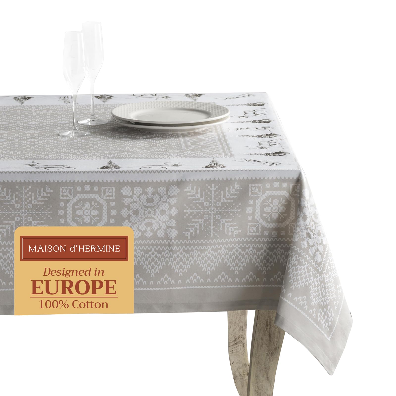 Maison d' Hermine Table Cloth Rectangle Table 100% Cotton 180 cm x 140 cm Tablecloth Reusable Everyday Use for Christmas Decorations Dining Farmhouse Home Party Festive (Cozy Christmas)