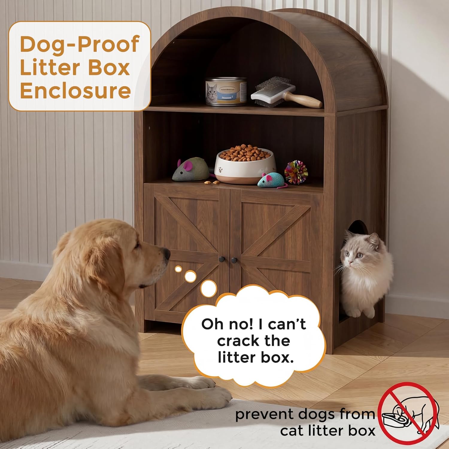 Cat Litter Box Enclosure, Hidden Cat Litter Box Furniture with Side Entry, Open Shelf, Arched Top, Farmhouse Indoor Cat House for Living Room, Walnut