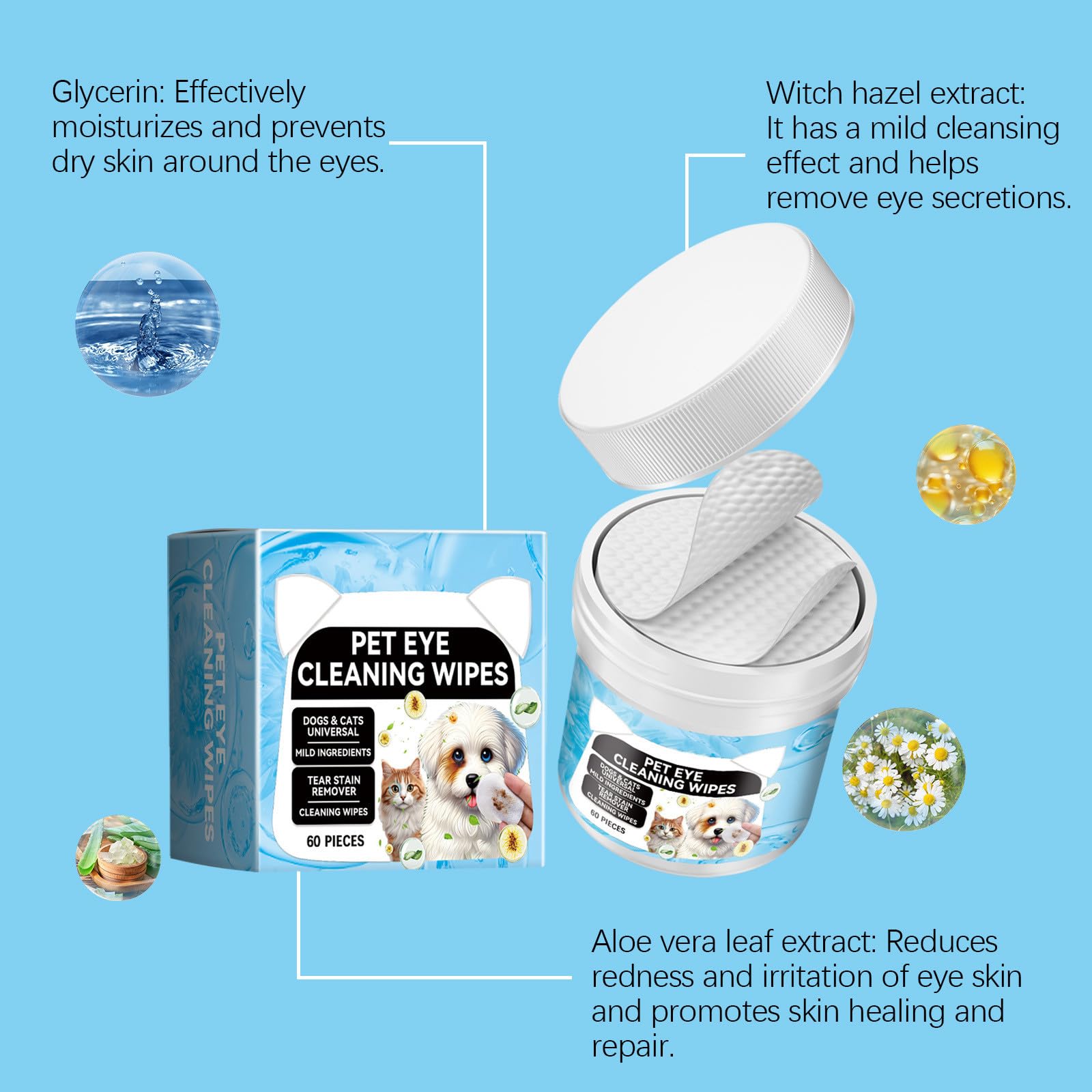Gentle Pet Eye Cleaning Wipes for Dogs and Cats Tear Stain Remover Pads with Soothing Chamomile and Aloe Formula Unscented Grooming Wipes for Sensitive Eyes — view 6