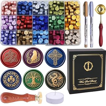 SWANGSA Celtic Wax Seal Stamp Kit with 450pcs Sealing Wax Beads, 2 Pens and Spoon for Wedding, Invitations, Cards, Envelope, Christmas