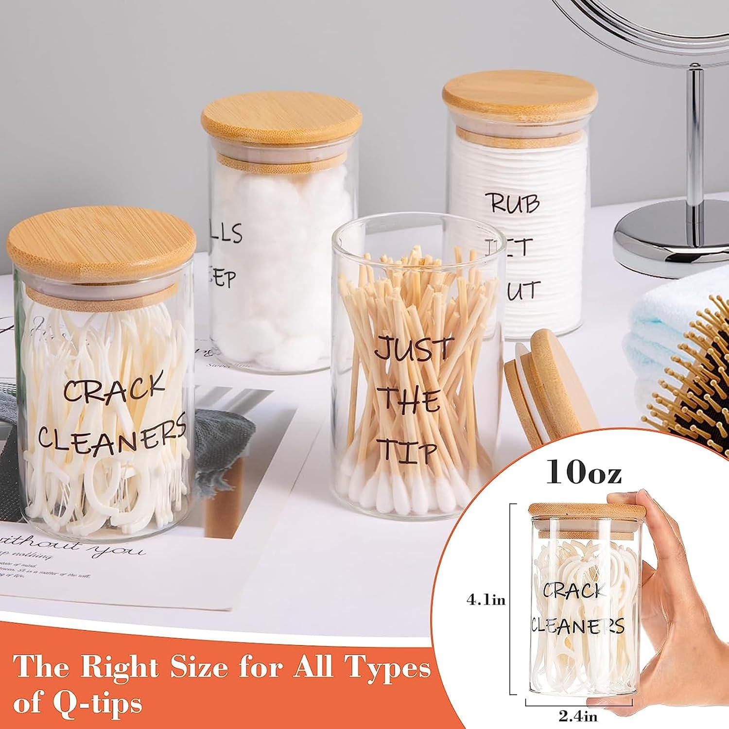 ANPHSIN 4 Pack Glass Qtip Holder Dispenser, 10 oz Damp-proof Apothecary Jars Canisters with Bamboo Lids for Cotton Swabs, Pads, Balls, Floss, Makeup Organizer Farmhouse Bathroom Organization Decor
