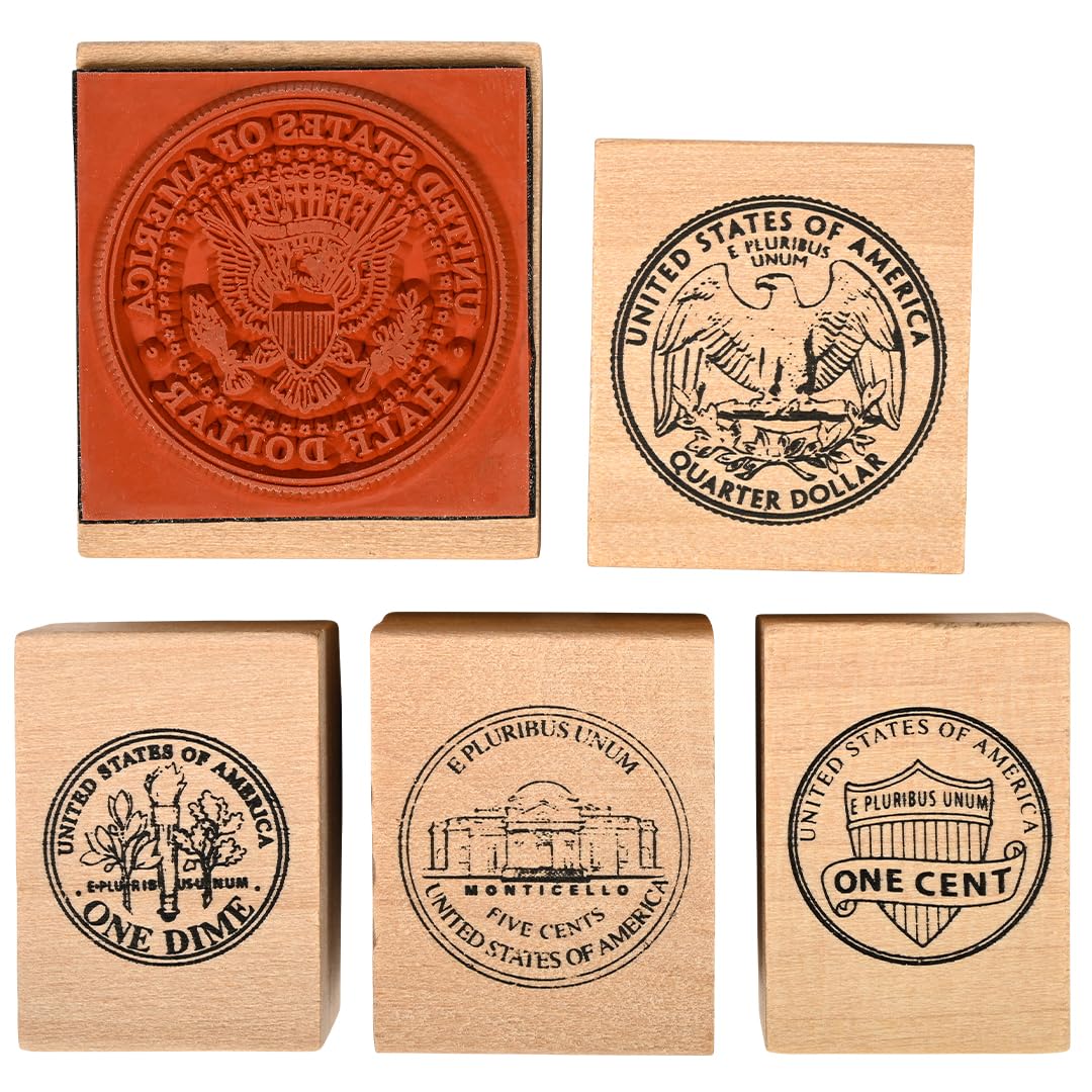 READY 2 LEARN Coin Stamps - Tails - Set of 5 - Wooden Stamps for Currency, Math and DIY Activities - Use for Flashcards, Worksheets, Cards, Albums and Scrapbooks