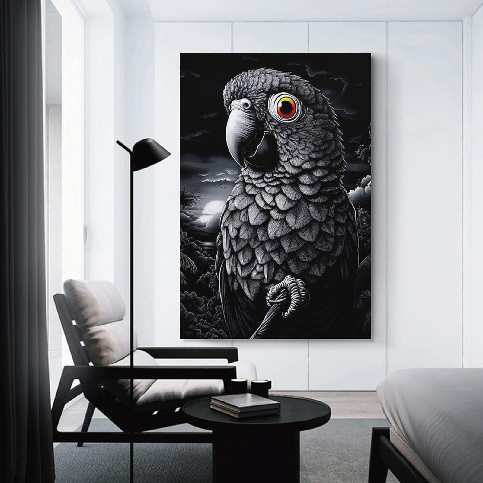 Junmoney Gray Parrot Night Portrait Canvas Wall Picture, 24x36inch(60x90cm), for Front Hall, Corridor Or Welcome Spaces, Wall Decor to Refresh Empty Corners