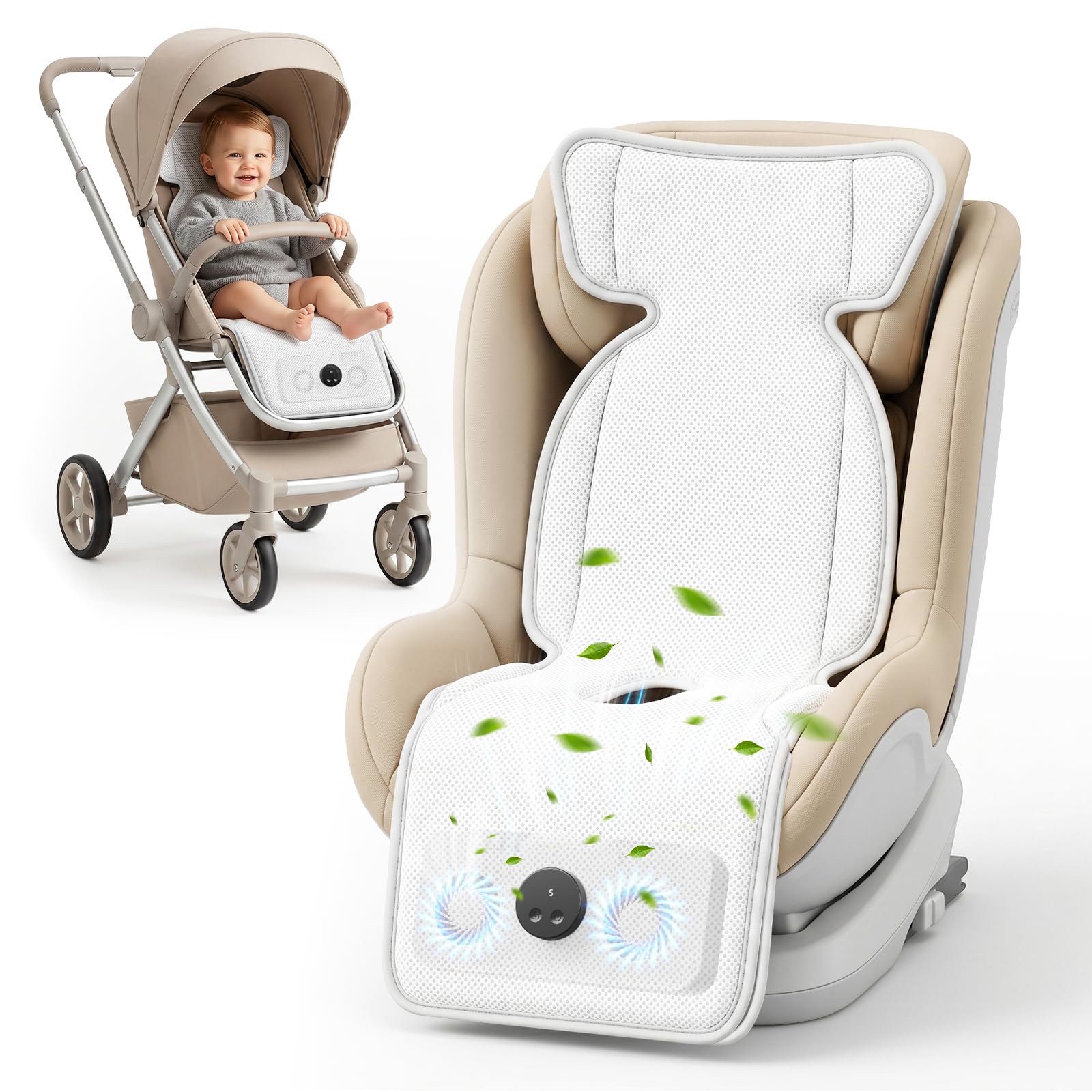 Stroller Cooling Pad with Fan for Baby, 10000mA Rechargeable Battery Baby Car Seat Cooling System for Backseat, Max 10H Ventilation 3 Speeds Cooling Mat Liner f