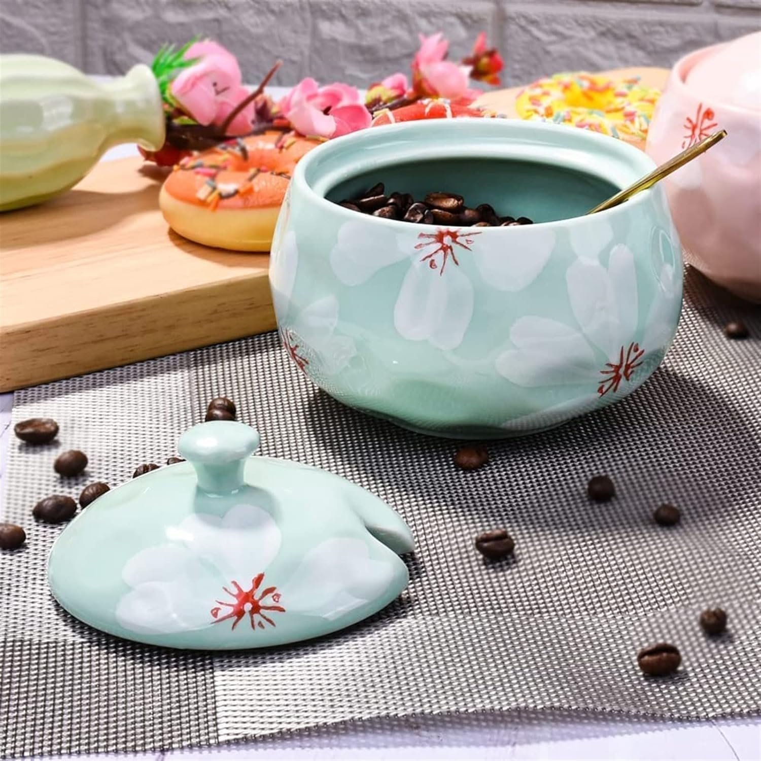 Barattolo per spezie, zuccheriera, in ceramica con coperchio, in ceramica ciano, zucchero, sale, pepe, condimento, con coperchio e cucchiaio, per casa e cucina (rosa)