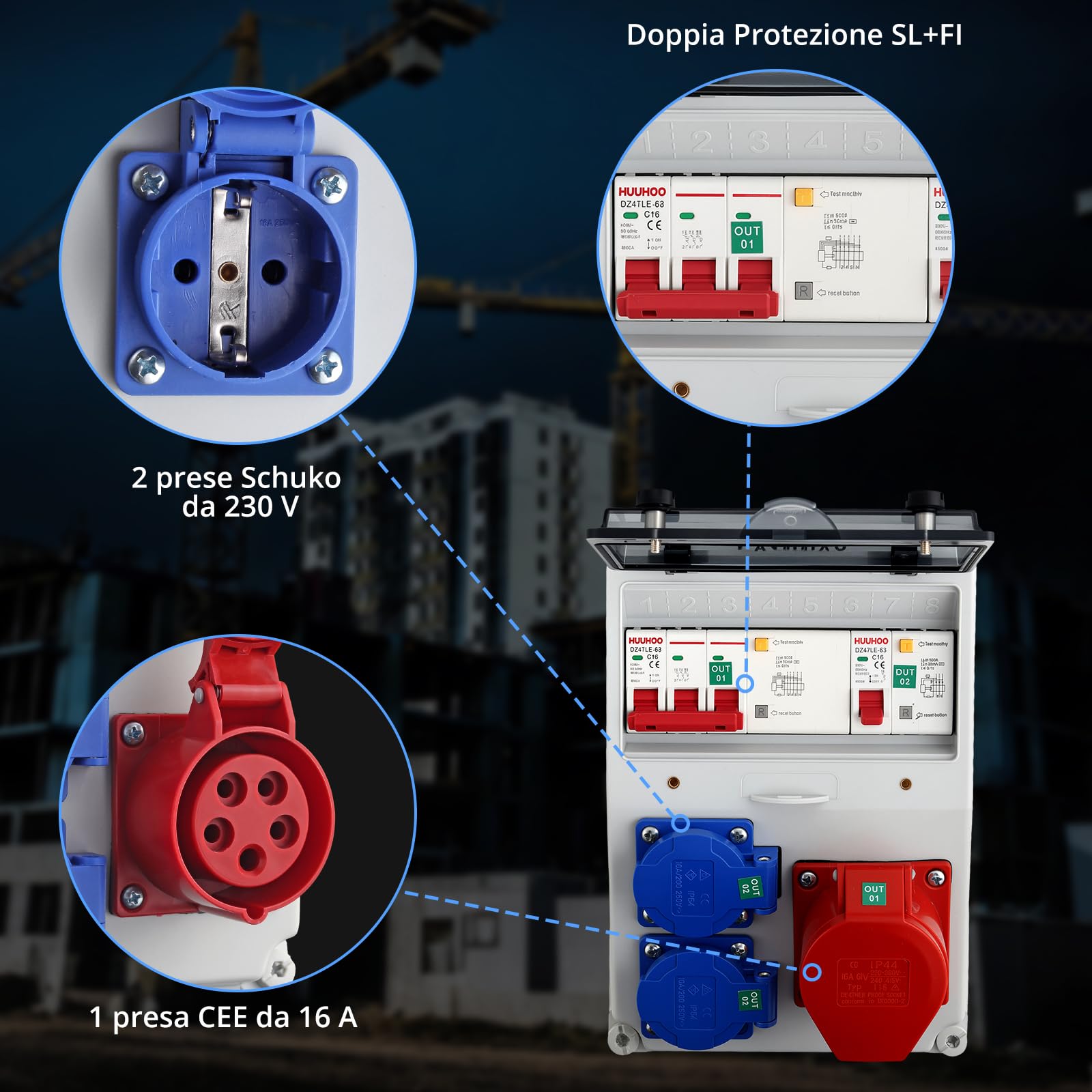 CAMMAY Quadro Elettrico Distributore IP66,230V,Sistema Completo LS/FI,con Multiple Prese Schuko e CEE,Cablaggio a Crimpare Professionale,Quadro Elettrico Esterno da Parete,per Giardini,170*130*250mm